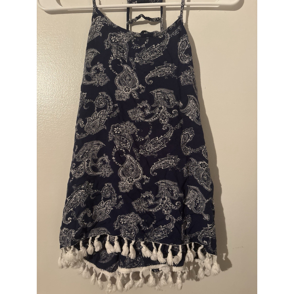 Red Camel Paisley Halter Top Navy Blue White Boho Tassel Fringe Hem Backless